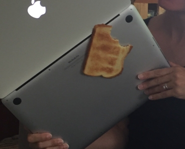 Skye said, "Mom, you know you put your computer on the toast?"
